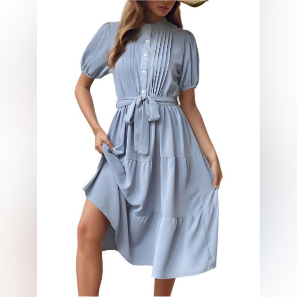 Blue Pleated Short Sleeve Commuting Belted Dress